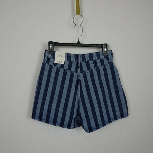 Zara Women's Striped Denim Jean Shorts High Rise Hi-Waist Blue Modern Chic NWT 6 - Picture 4 of 14